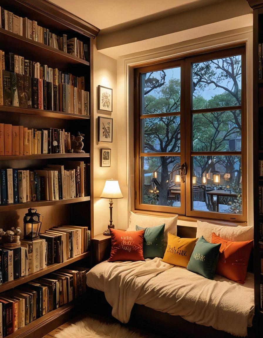 A beautifully arranged bookshelf filled with various adult literature titles, prominently featuring illustrated covers of popular hentai manga. Soft lighting casts a warm glow, enhancing the inviting atmosphere. A cozy reading nook, complete with plush cushions and a steaming cup of tea, invites viewers to dive into the world of adult literature. Subtle hints of fantasy elements, like small mythical creatures peeking from the books, add charm. vibrant colors. cozy ambiance. super-realistic.