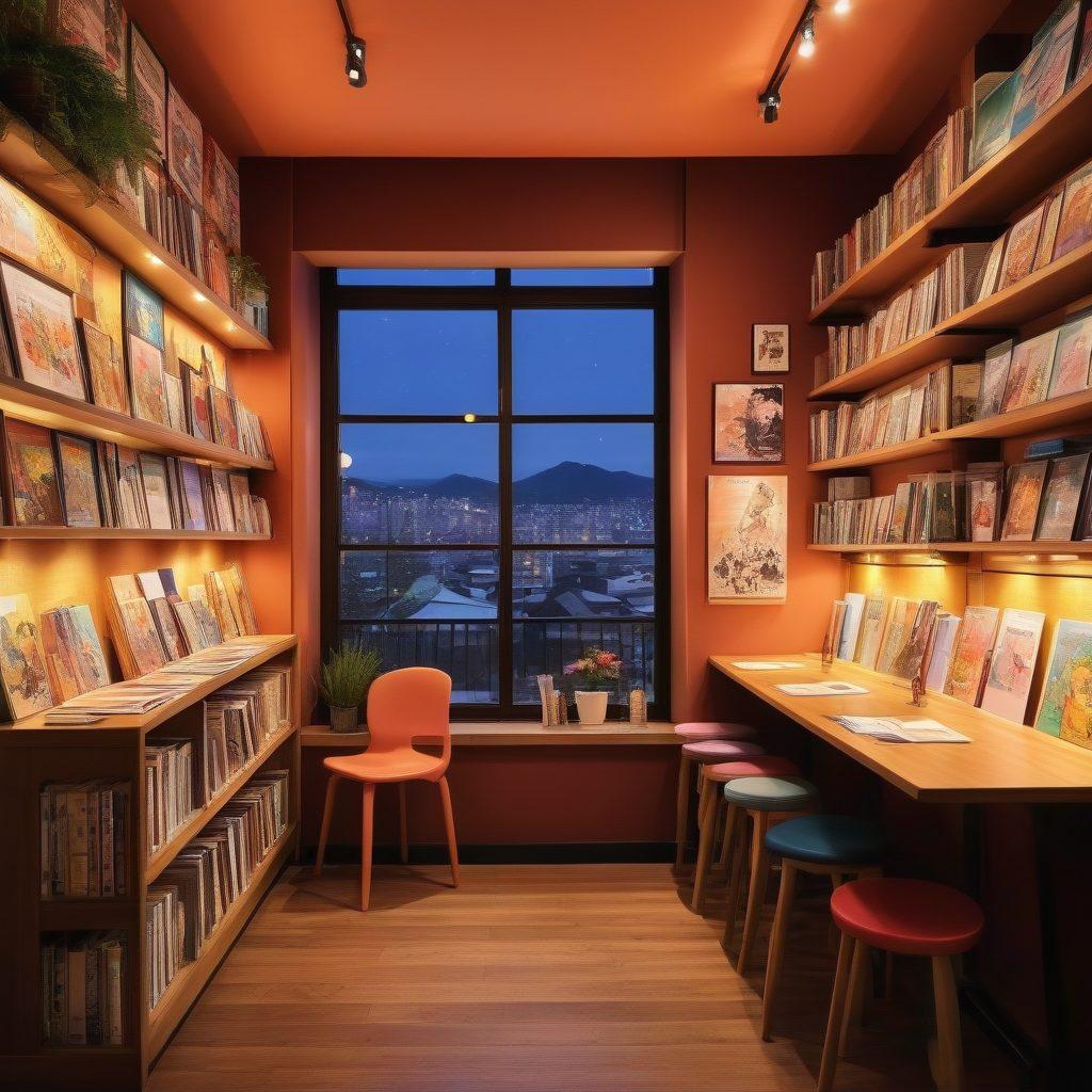 A captivating and vibrant scene depicting a diverse group of individuals reading adult manga in a cozy and inviting manga cafe. The walls are adorned with colorful manga posters and shelves filled with various manga titles. Soft, warm lighting creates an intimate atmosphere, while the characters express fascination and joy as they delve into their literature. Artistic styles of characters are inspired by traditional Japanese anime aesthetics. super-realistic. vibrant colors. cozy ambiance.