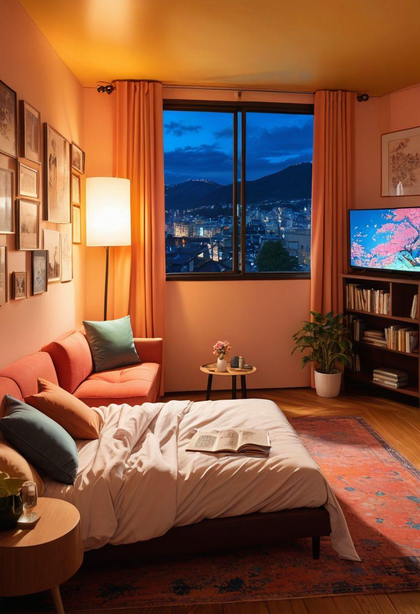 A captivating blend of a manga book half-open, showcasing colorful, bold illustrations and an anime scene projected on a large screen in the background, with a soft glowing light illuminating the room. Add an atmosphere of curiosity and exploration with subtle hints of eroticism like soft curves and playful poses. The colors should be vibrant and engaging, invoking a sense of wonder in the viewer. super-realistic. vibrant colors. intimate setting.